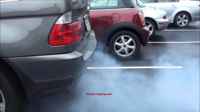 Blue-tinted exhaust smoke emitting from a car tailpipe during a cold start.