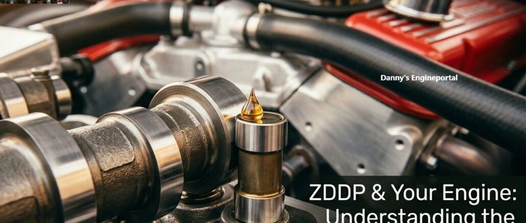 Close-up of performance engine camshaft and flat-tappet lifters being lubricated with high-zinc engine oil.