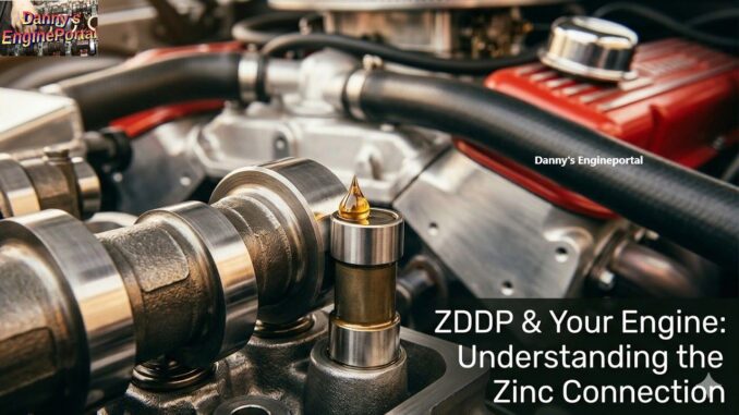 Close-up of performance engine camshaft and flat-tappet lifters being lubricated with high-zinc engine oil.