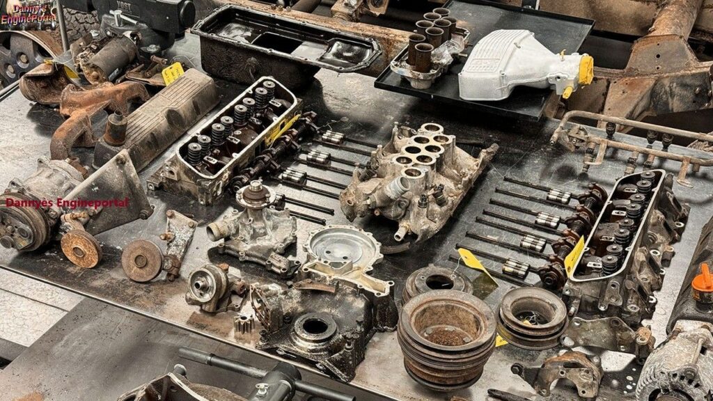 Disassembled V8 Engine Displayed On Table