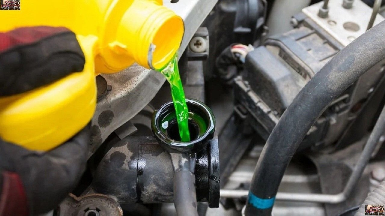 Pouring coolant into radiator