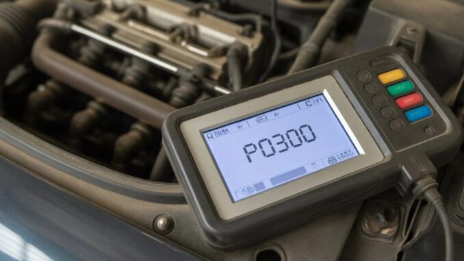 A hand-held OBD-II diagnostic scanner plugged into a car displaying an engine misfire fault code.