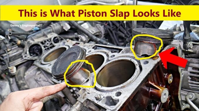 Pistons with worn skirts from piston slap.