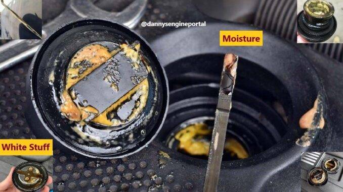 White Stuff or Moisture in Engine Oil Engine oil has moisture or engine coolant mixing with it